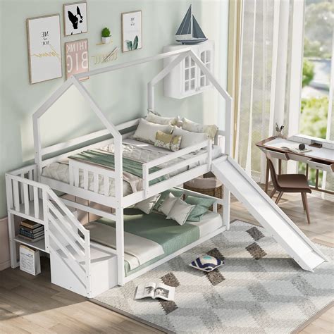 Buy Wood House Bunk Bed for Kids Toddlers, Twin Over Twin Bunk Bed with Convertible Slide ...