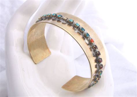 Rhinestone Cuff Bracelet: Jewel Tone Multicolor Crystal Wide Gold Brass Stacking Cuff Bracelet ...