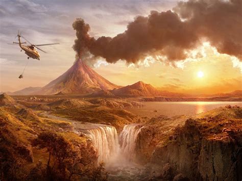 Download Painting Smoke Helicopter Lake Sunset Waterfall Nature Volcano Art