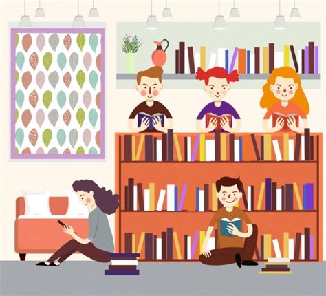 Library drawing readers bookshelf icons colored cartoon Free vector in Adobe Illustrator ai ...