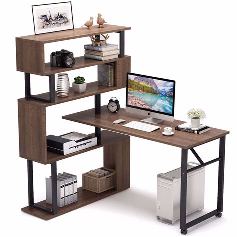 Tribesigns Rotating Computer Desk with 5 Shelves Bookshelf, Vintage Rustic L-Shaped Corner Desk ...