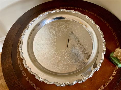 Round Silver Tray, Vintage 15 inch Silver Plate Tray, Barware Tray, Wedding Bridal Gift, Silver ...