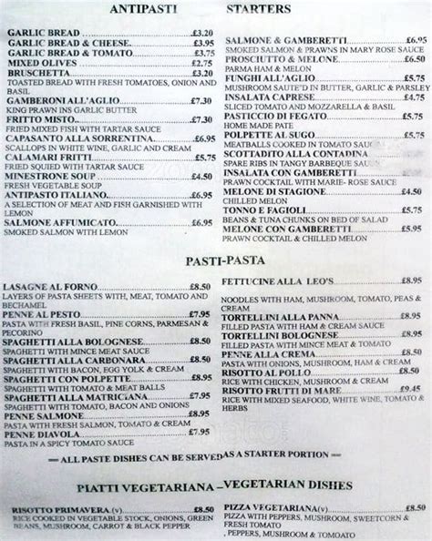 Menu at Leo's Ristorante restaurant, Manchester, 198 Monton Rd