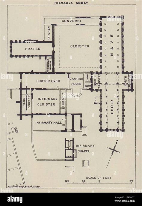 Rievaulx Abbey ground floor plan. Yorkshire 1920 old antique map chart Stock Photo - Alamy