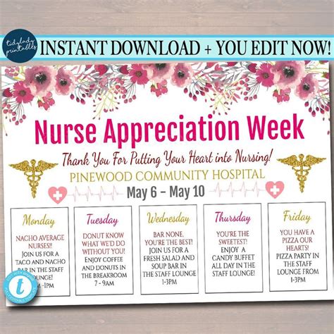 EDITABLE Nurses Appreciation Week Itinerary Poster, Heart Medical National Nurses Week Itinerary ...