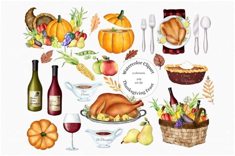 Watercolor Thanksgiving Dinner Clipart, Fall Harvest, PNG