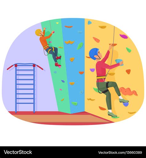 Two people climbing on a rock-climbing wall Vector Image