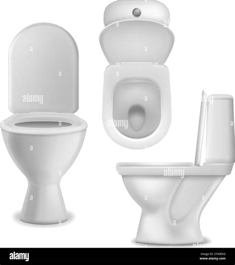 Toilet bowl realistic. Clean lavatory bathroom ceramic bowls group top, side and front view ...