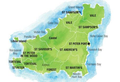 Map of Guernsey Island, a British Crown dependency in the English Channel, but quite independent ...