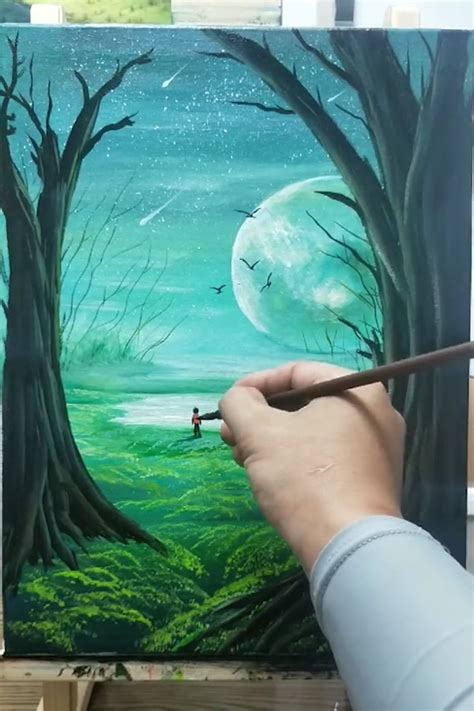 Painting a moonlit forest landscape with acrylics in 10 minutes – Artofit