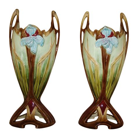 Pair of Antique French Faience Art Nouveau Iris Vases Majolica Victorian France | Art nouveau ...