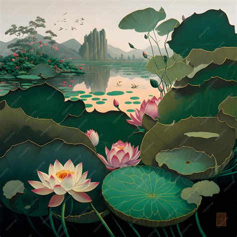 Premium Photo | A painting of a lotus pond with a mountain in the ...