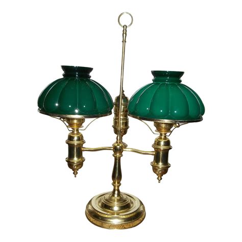 Vintage Brass Double Student Lamp Green Melon Glass Shades | Chairish