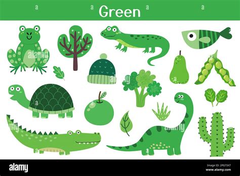 Green color objects set. Learning colors for kids. Cute elements collection Stock Vector Image ...