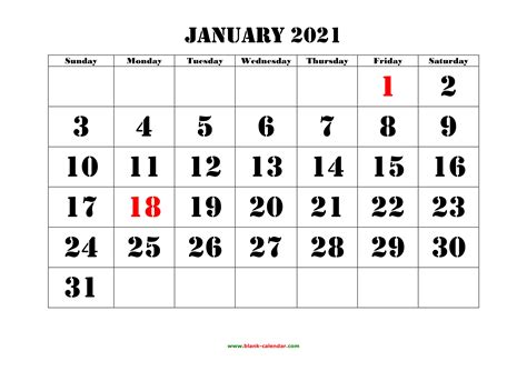 Free Download Printable Calendar 2021, large font design , holidays on red