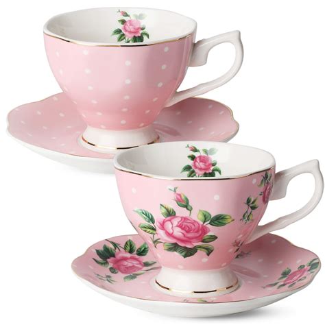 Buy BTaT- Floral Tea Cups and Saucers, Set of 2 (Pink - 8 oz) with Gold ...