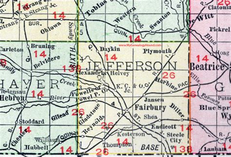 Jefferson County, Nebraska, map, 1912, Fairbury, Reynolds, Endicott ...