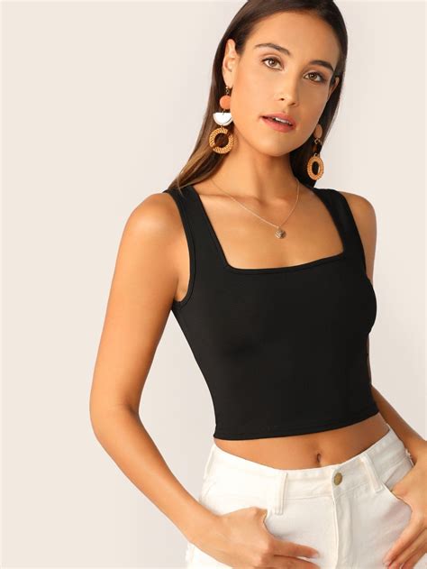 Square Neck Ribbed Crop Tank Top in 2020 | Cropped tank top, Tank top outfits, Black tank tops