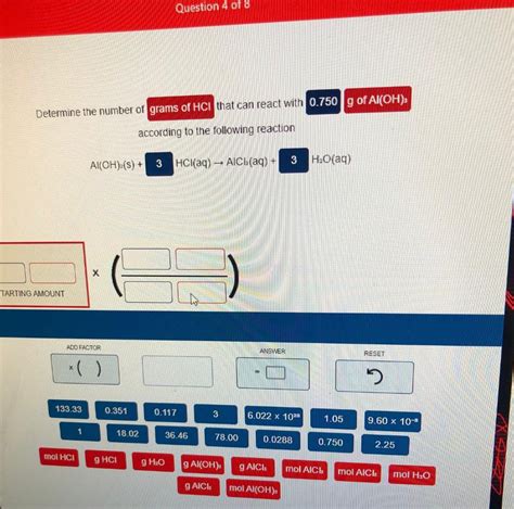 Solved Question 4 of 8 Determine the number of grams of HCl | Chegg.com