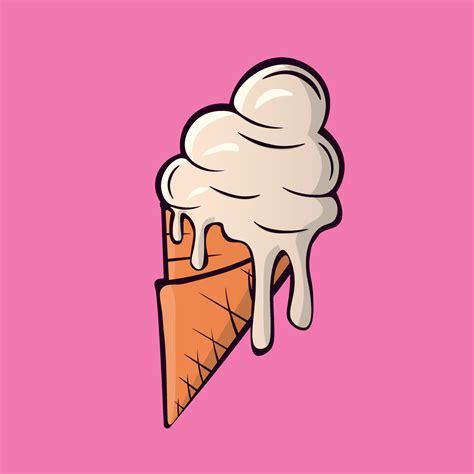 Melting ice cream balls in the waffle cone isolated on pink background. Vector flat outline icon ...