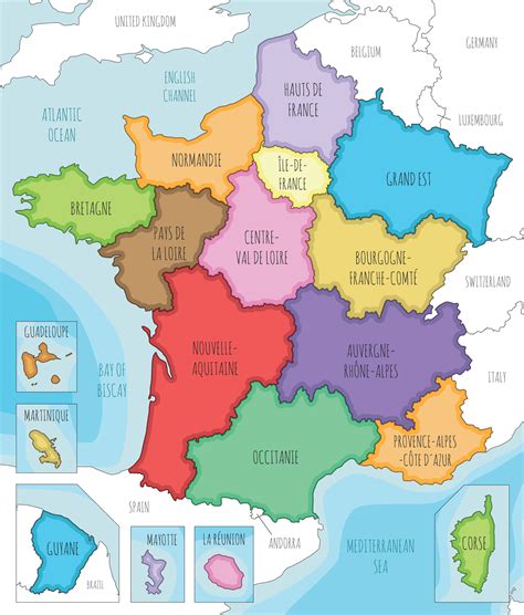 Vector illustrated map of France with regions and territories and administrative divisions, and ...