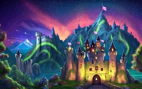 A castle with an enchanted forest and mountains in t...