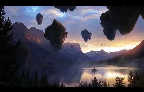 Wallpaper landscape, sunset, mountains, nature, lake, fiction, the ...