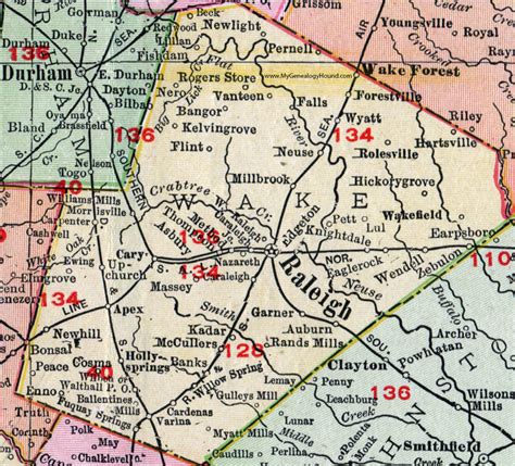 Wake County, North Carolina, 1911, Map, Rand McNally, Raleigh, Wake ...