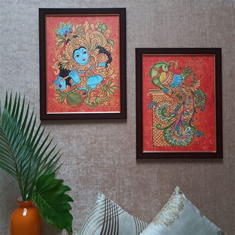 Krishna & Peacock Kerala Mural Painting set of 2 | Etsy