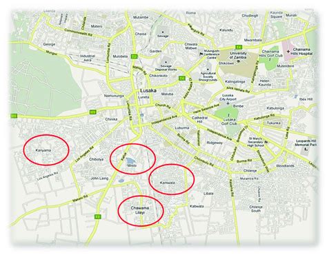 Map of Lusaka, Zambia with the four compounds indicated. | Download ...