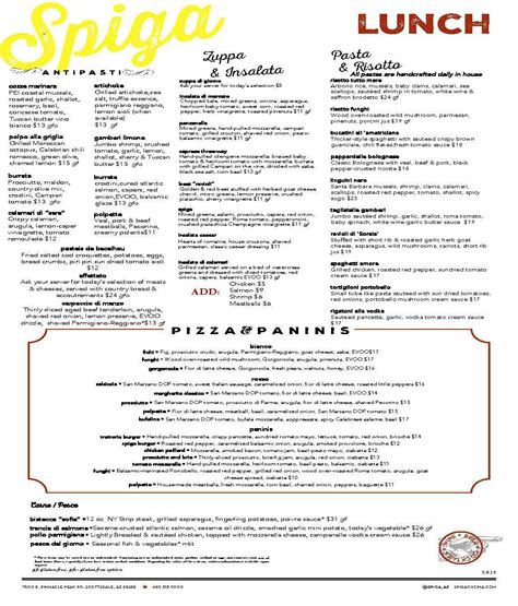 Menu at Spiga Cucina Italiana pizzeria, Scottsdale