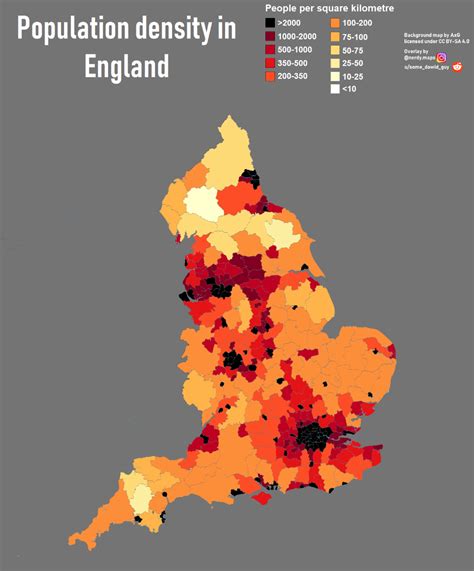 a map showing population density in england