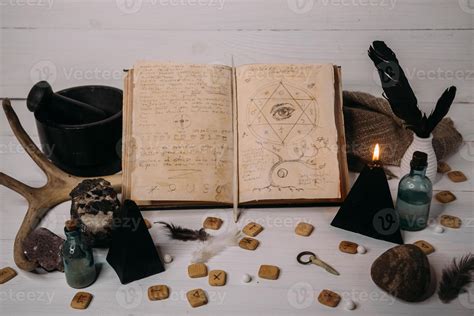 Open old book with magic spells, runes, black candle 7137361 Stock Photo at Vecteezy