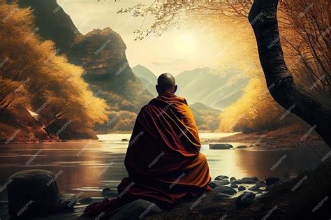 Premium Photo | Generative ai illustration of buddhist monk in meditation beside the river with ...