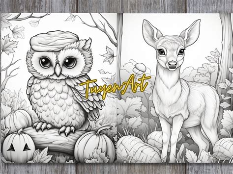 Autumn Animals Coloring Book, Fall Animals Coloring Pages, Autumn Charm, Grayscale Autumn Leaves ...