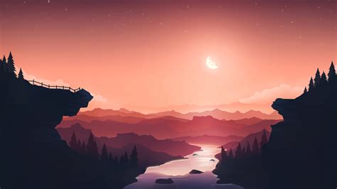 Sunset Wallpaper 4K, Moon, River, Mountains