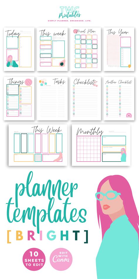 Canva Planner Templates 10 Pages Editable Planner Pages for Canva, Planner Inserts, Daily Weekly ...