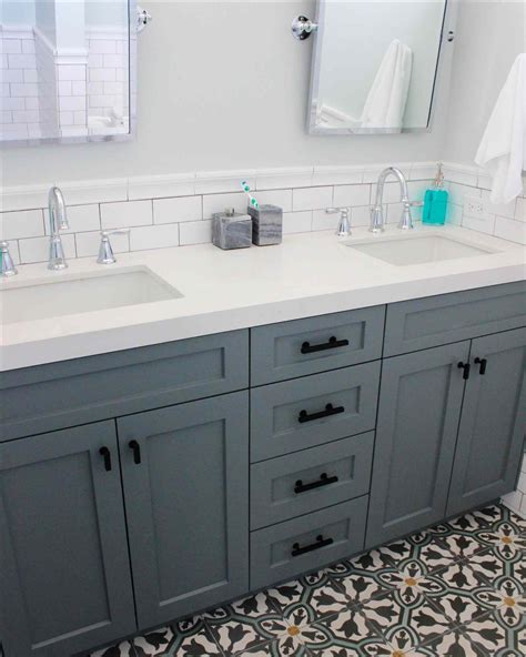 gray vanity with tile backsplash - Google Search | White subway tile ...