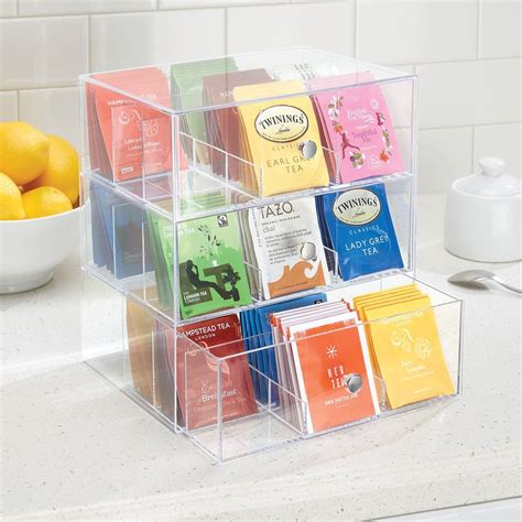 mDesign Plastic Tea Bag Caddy Box Storage Container Organizer Holder with 3 Drawers - for ...