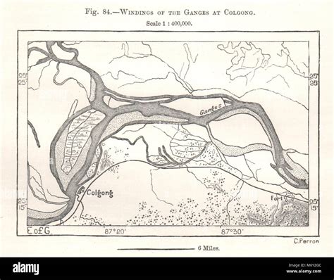 Windings of the Ganges at Kahalgaon. India. Sketch map 1885 old antique Stock Photo - Alamy