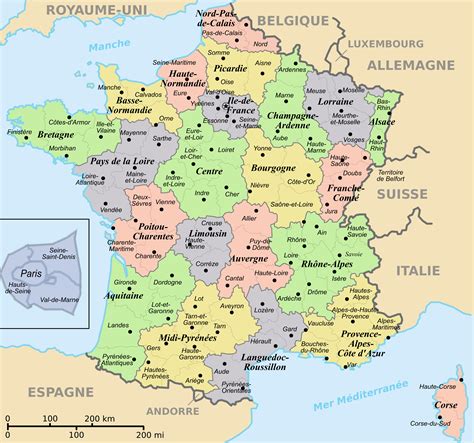 Regions and departements map of France