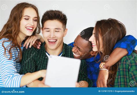 Group of Happy Students People Friends with Phones Tablets Gadgets Laugh Stock Photo - Image of ...