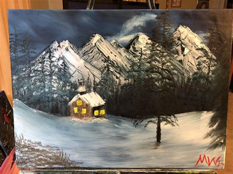 “Christmas Eve Snow”, Bob Ross Style, 24x18, oil on canvas : Art