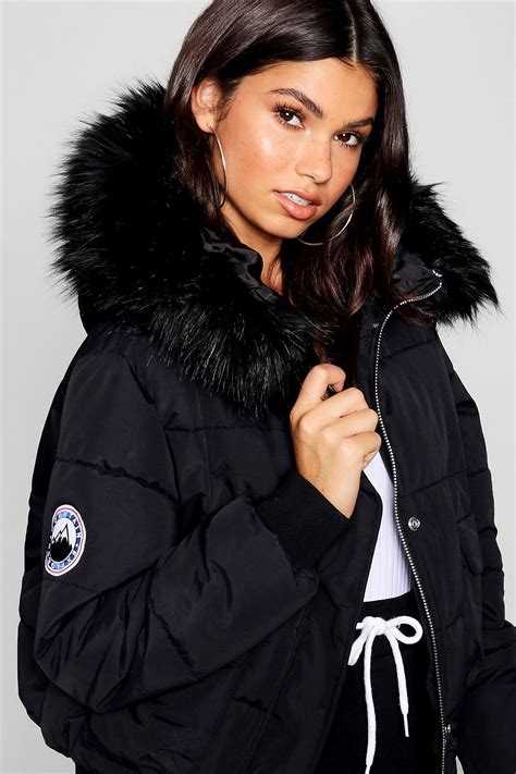 Black Faux Fur Hood Crop Puffer Jacket | Puffer coat with fur, Fur hood ...