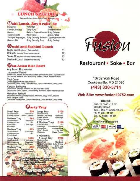 Menu at Fusion Restaurant, Cockeysville