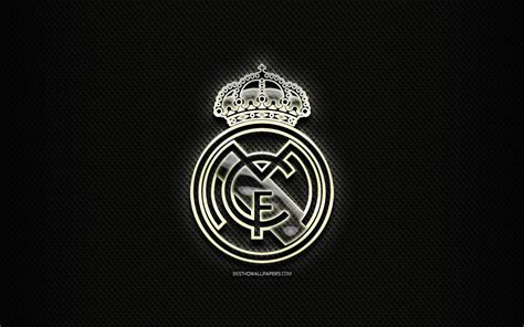 ダウンロード画像 レアル-マドリードCF, ガラスのロゴ, 黒菱形の背景, LaLiga, サッカー, スペインサッカークラブ, レアル ...