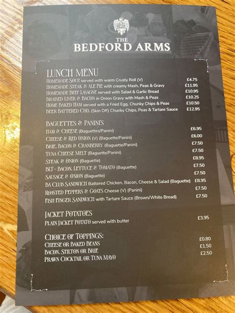 Menu at Bedford Arms restaurant, Knotting and Souldrop