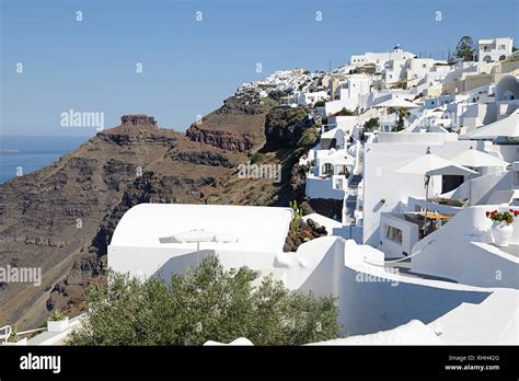 Typical white houses in Santorini island with Skaros rock (former ...