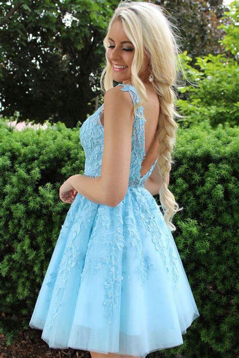 A Line V Neck Ice Blue Short Lace Prom Dress, Ice Blue Short Lace Home – jbydress