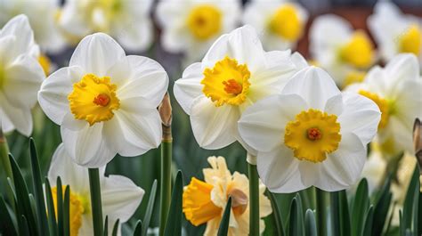 Large White And Yellow Daffodils With Stems And Leaves Background, Closeup Of Daffodils, White ...